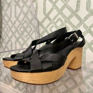REBECCA MINKOFF Black Leather Platform Slingback Sandals with Wood Heel